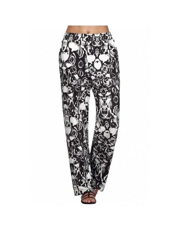 Meaneor New Fashion Straight Pants Elastic Waist Casual Loose Print Long Pockets Trousers