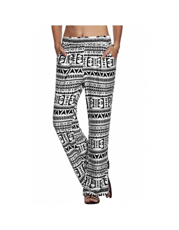 Meaneor New Fashion Straight Pants Elastic Waist Casual Loose Print Long Pockets Trousers