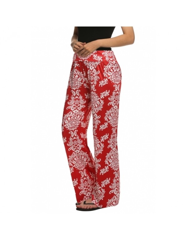 ACEVOG Fashion Wide Leg Elastic Waist Print Stretch Long Trouser Pants