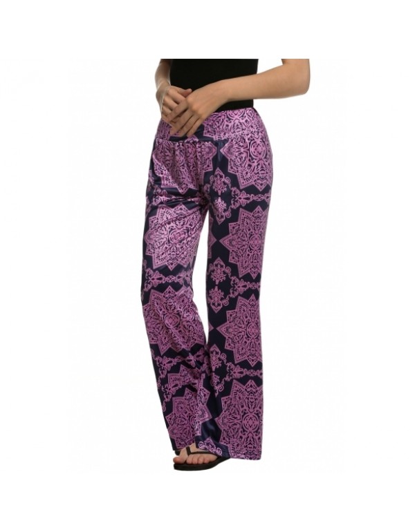 ACEVOG Fashion Wide Leg Elastic Waist Print Stretch Long Trouser Pants