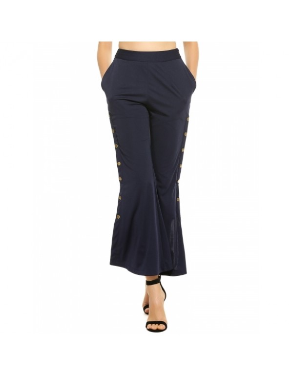 Comfy High Waist Flowy Side Button Solid Wide Leg Pants