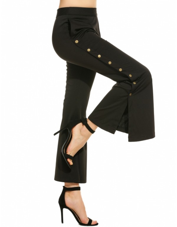 Comfy High Waist Flowy Side Button Solid Wide Leg Pants