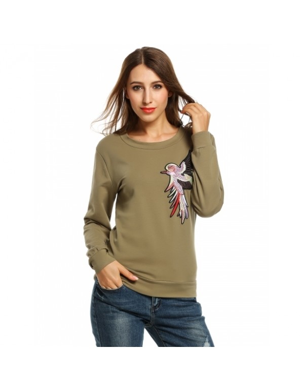 Round Neck Long Sleeve Bird Embroidery Pullover Sw...