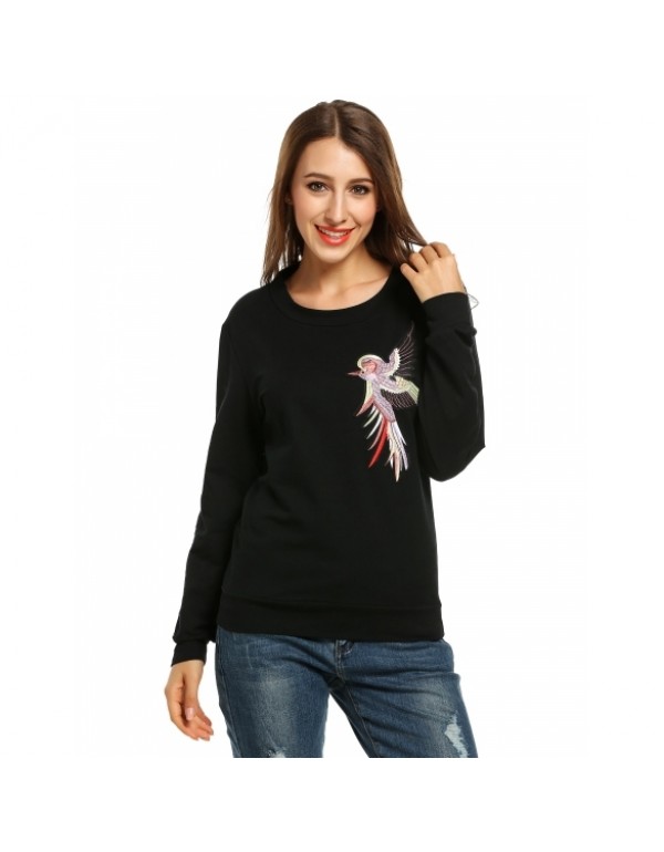 Round Neck Long Sleeve Bird Embroidery Pullover Sweatshirts