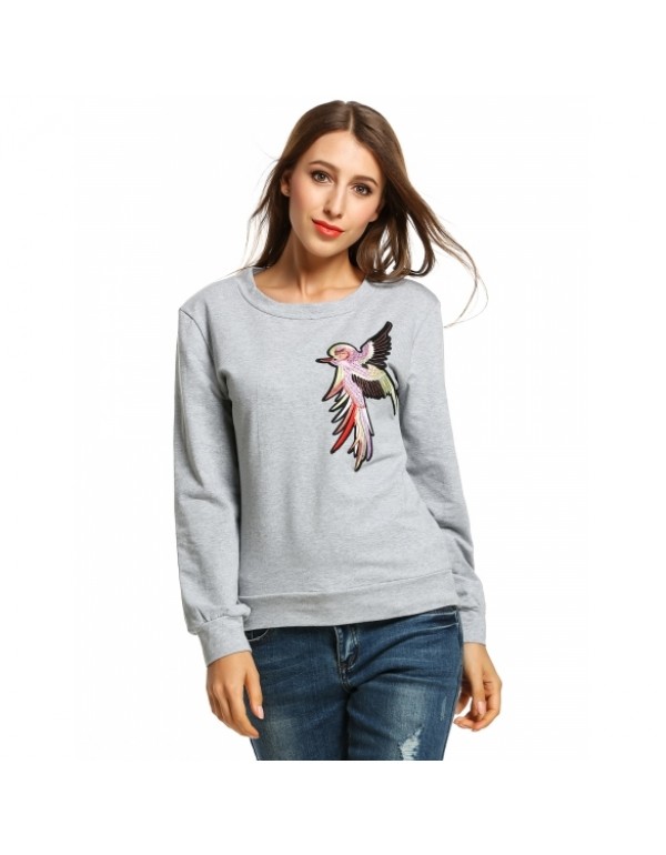 Round Neck Long Sleeve Bird Embroidery Pullover Sweatshirts