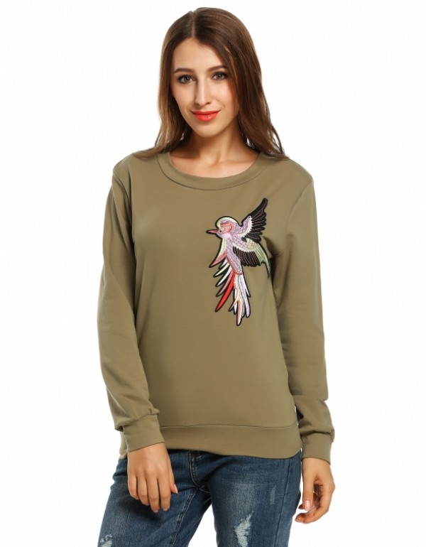 Round Neck Long Sleeve Bird Embroidery Pullover Sweatshirts