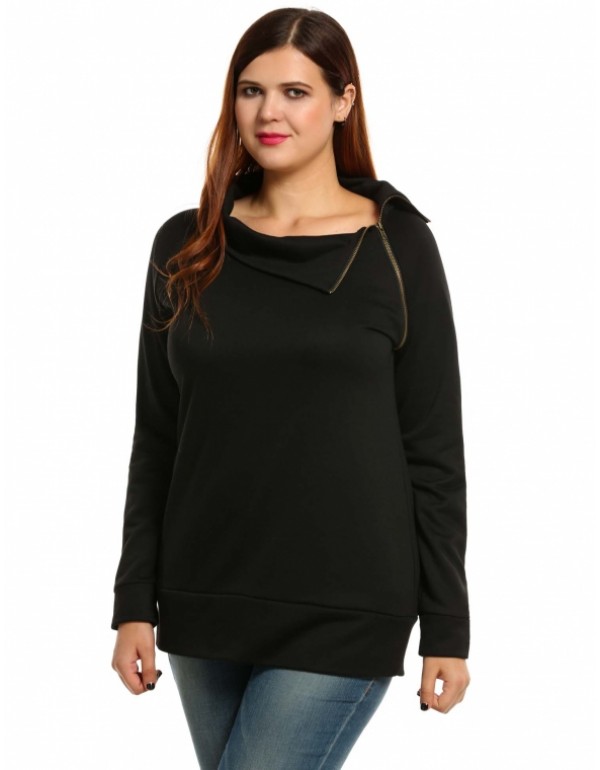 New Oblique Zipper Collar Solid Pullover Plus Size Sweatshirts