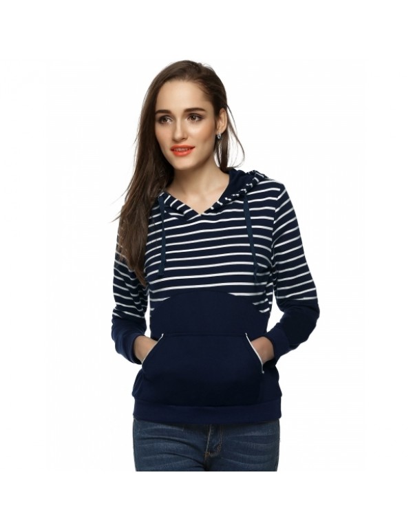 Casual Long Sleeve Striped Patchwork Pullover Hooded Sweatshirt Hoodie