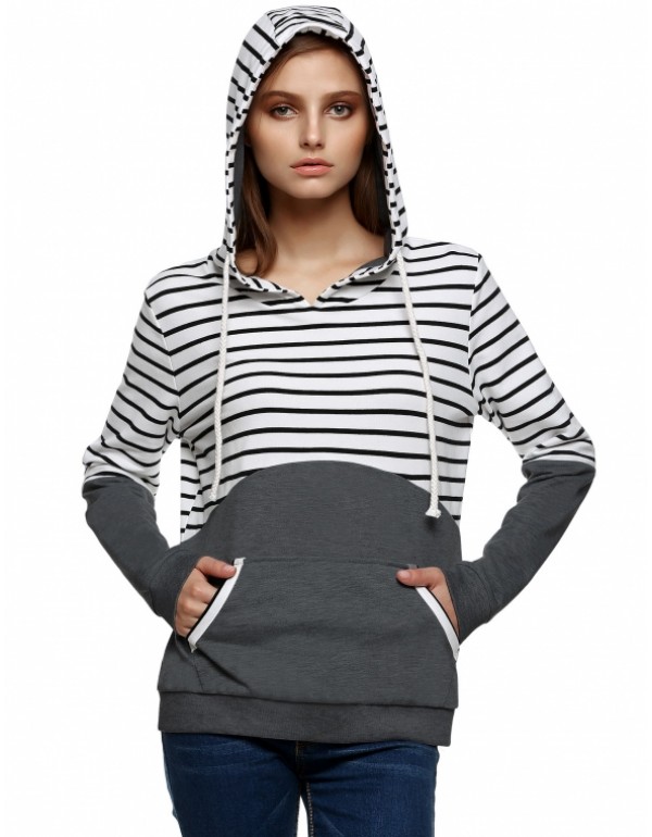 Casual Long Sleeve Striped Patchwork Pullover Hooded Sweatshirt Hoodie