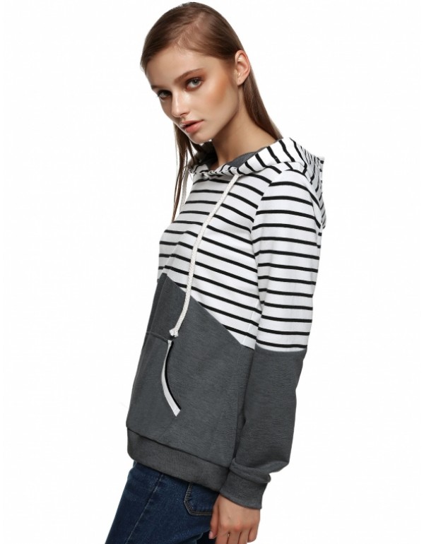 Casual Long Sleeve Striped Patchwork Pullover Hooded Sweatshirt Hoodie