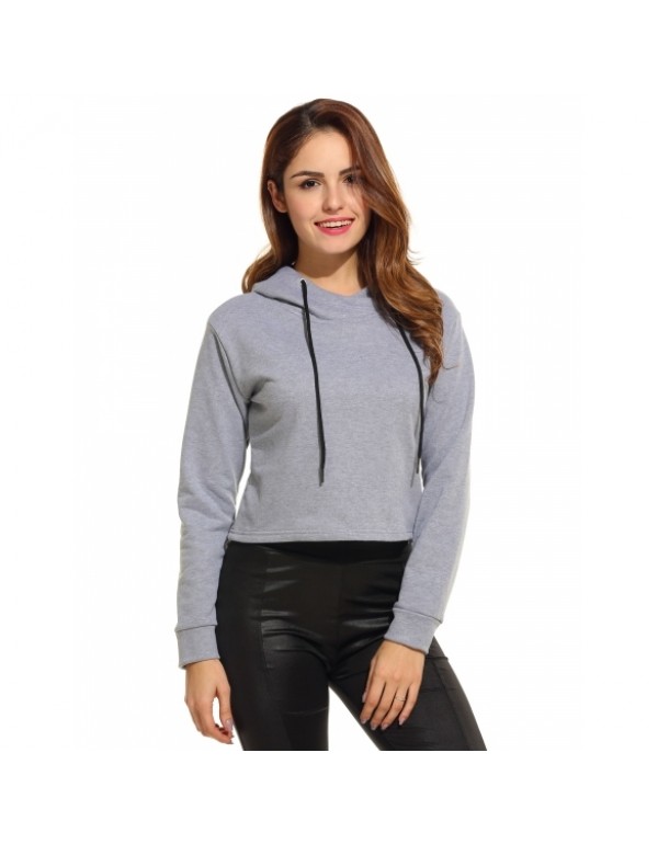 Long Sleeve Hooded Plain Pullover Crop Hoodie Sweatshirt