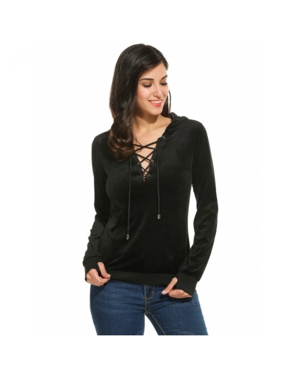 New Fashion Lace-up Front Long Sleeve Solid Hooded...