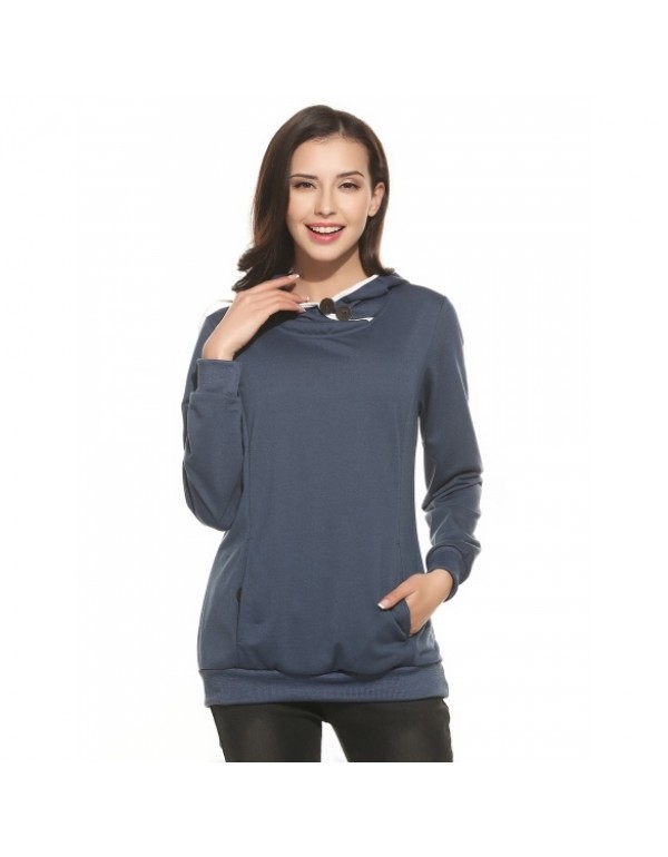 Women's Button Long Sleeve Pullover Hooded Hoodie Sweatshirt With Pockets