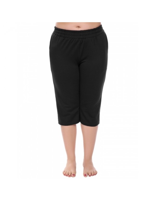 Plus Size Elastic Waist Solid Slim Athletic Capri ...