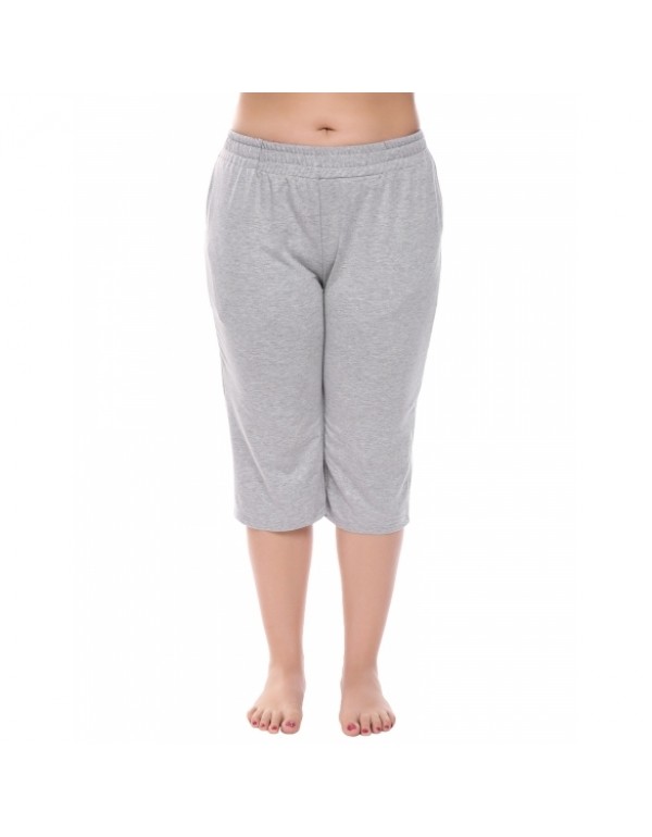 Plus Size Elastic Waist Solid Slim Athletic Capri Pants