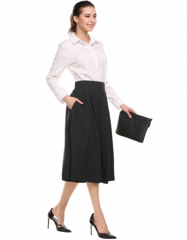 New Solid High Waist Loose Chiffon Three Quarter Wide-Leg Pants with Pockets