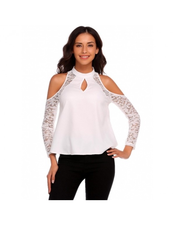 New Fashion Cold Shoulder Mock Neck Long Sleeve Lace Patchwork T-Shirt