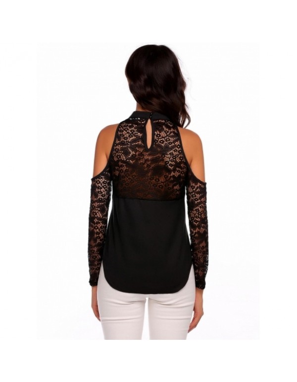 New Fashion Cold Shoulder Mock Neck Long Sleeve Lace Patchwork T-Shirt