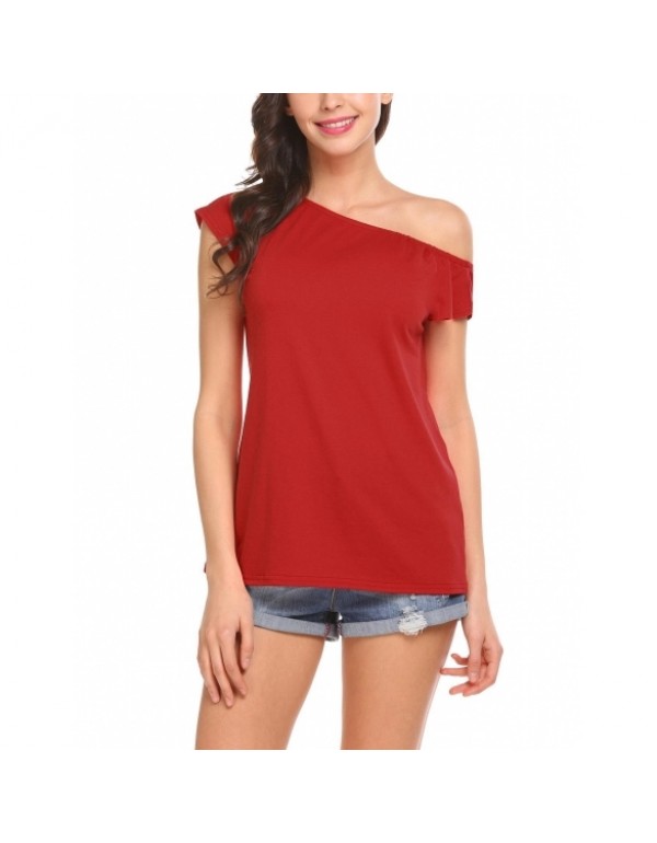 One Shoulder Short Sleeve Solid Casual Loose Fit Blouse Top T-shirt