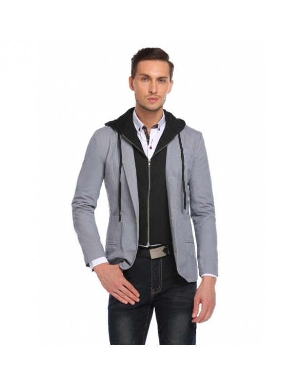 Men's Long Sleeve Slim Fit Buttons Hooded Blazer