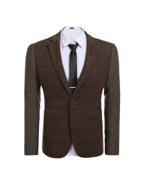 Lapel Classic Plaid Patchwork Slim Fit One Button Blazer Jacket