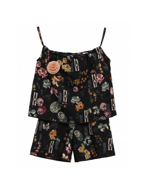 Child Spaghetti Strap Print Flower Shorts Girls' Set