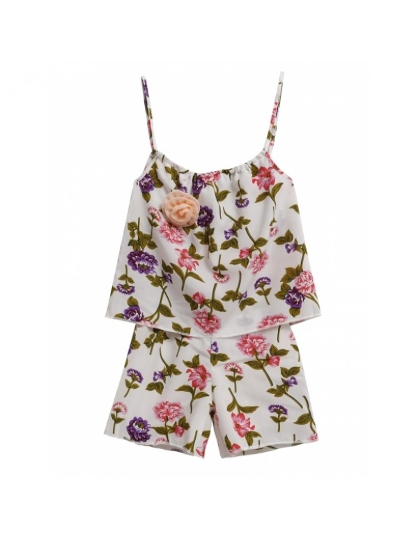 Child Spaghetti Strap Print Flower Shorts Girls' Set