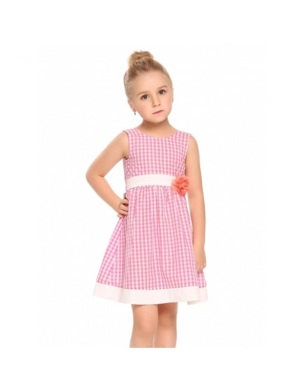 Child Girl Sleeveless Applique Plaid Patchwork Dress with Belt