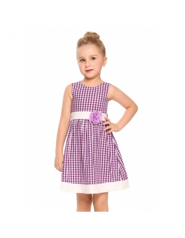 Child Girl Sleeveless Applique Plaid Patchwork Dress with Belt