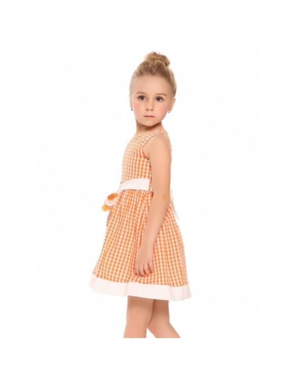 Child Girl Sleeveless Applique Plaid Patchwork Dress with Belt