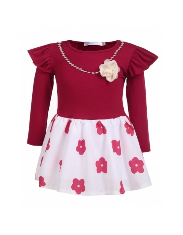 Child Girl Long Sleeve Floral Dress with Beads Necklace