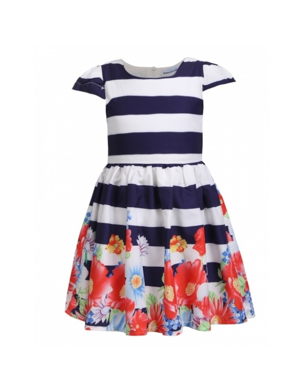 Girls' Cap Sleeve Striped Floral Print Pleated Cas...