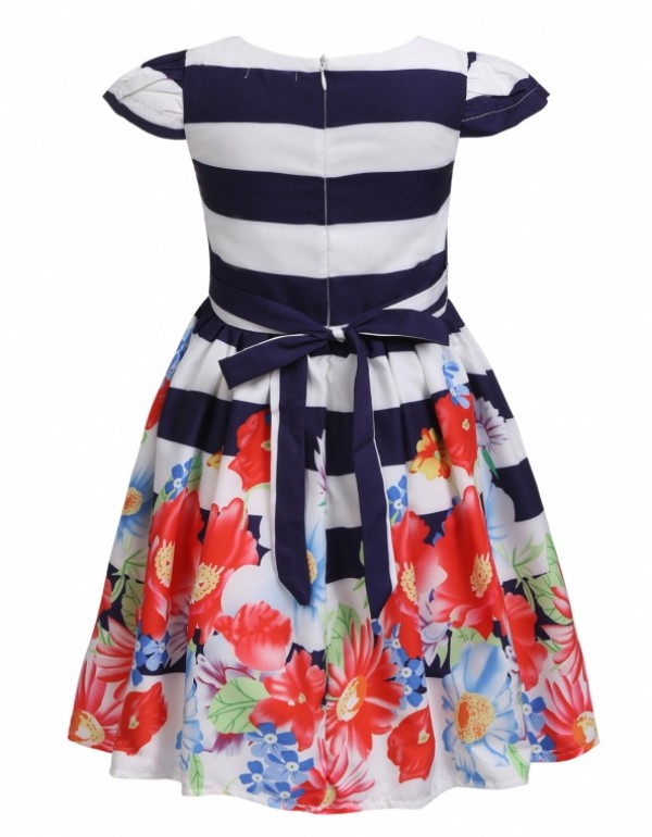 Girls' Cap Sleeve Striped Floral Print Pleated Casual Dress