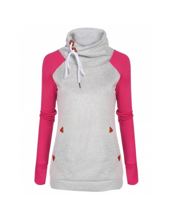 Cowl Collar Pullover Patchwork Fleece Hoodie Sweatshirt With Pockets