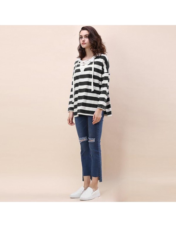 New Sweater Pullover Long Sleeve Stripe Loose New Fashion Drawstring Sweatshirt