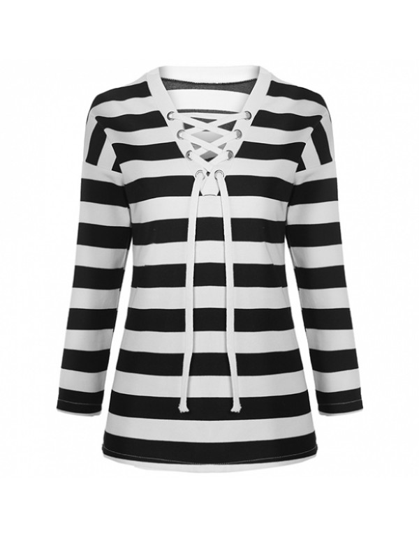 New Sweater Pullover Long Sleeve Stripe Loose New Fashion Drawstring Sweatshirt