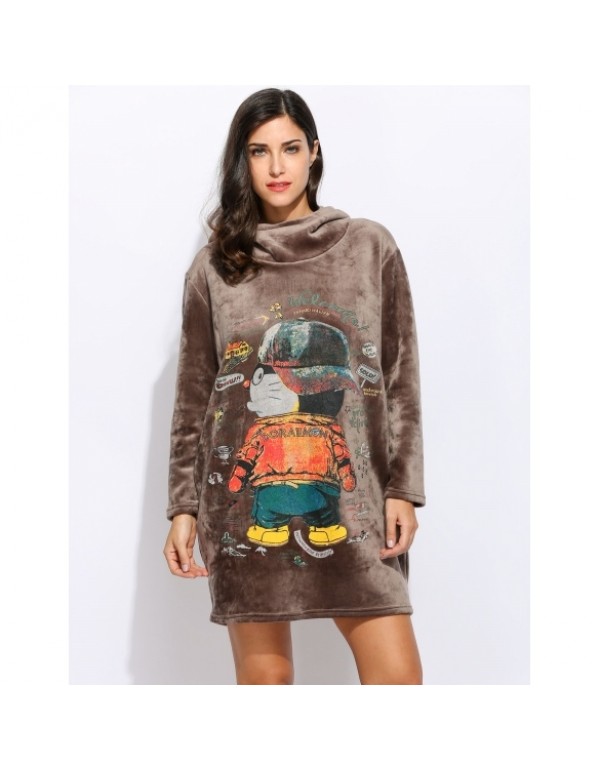 Long Sleeve Loose Hooded Cartoon Printing Casual Lint Dress