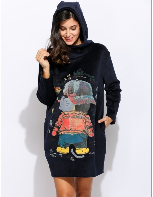 Long Sleeve Loose Hooded Cartoon Printing Casual Lint Dress