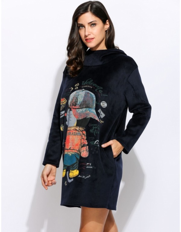 Long Sleeve Loose Hooded Cartoon Printing Casual Lint Dress