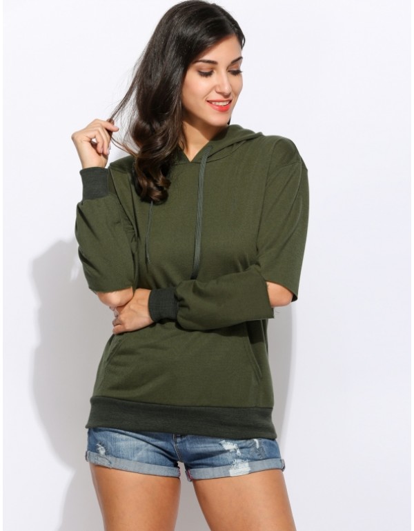 Solid Casual Hole Long Sleeve Hooded Pullover Hoodie With Pockets