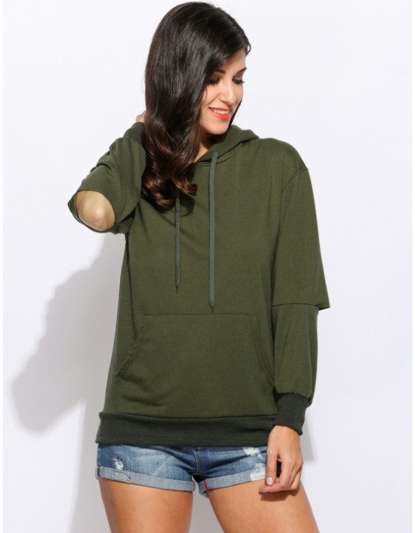 Solid Casual Hole Long Sleeve Hooded Pullover Hoodie With Pockets