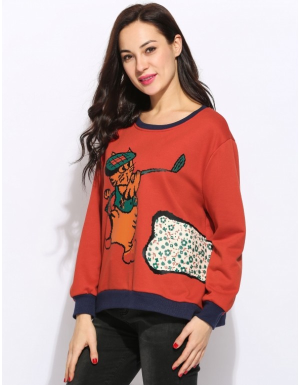 Cat Printing Long Sleeve Round Collar Loose Casual Pullover Sweatshirt