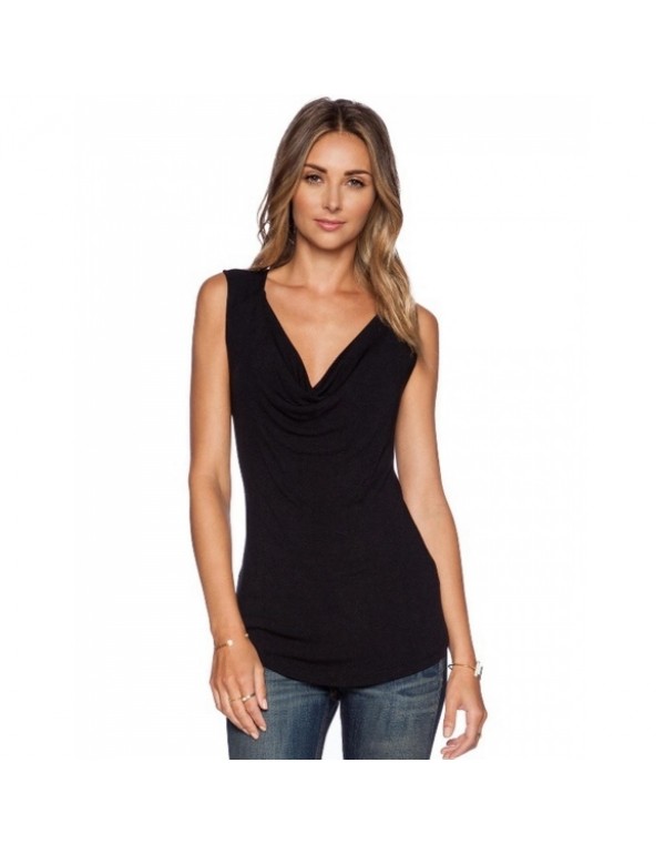 Cowl Neck Sleeveless Curved Hem Casual Solid T-Shirt Tops