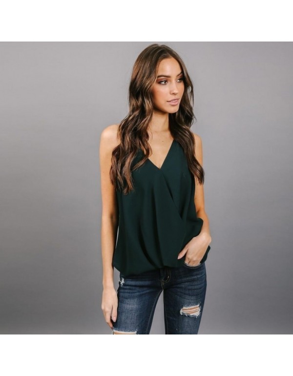 V-Neck Halter Faux Wrap Draped Solid Casual Loose Chiffon Blouse Tops