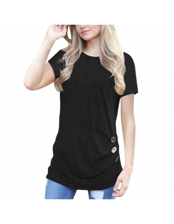 Round Neck Short Sleeve Casual Draped Side Buttons...