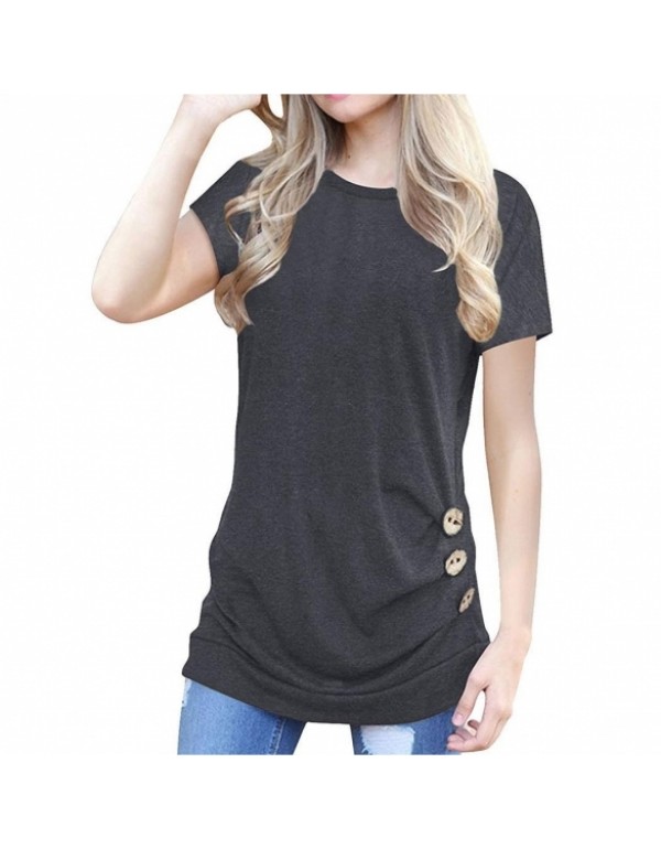 Round Neck Short Sleeve Casual Draped Side Buttons T-Shirts Blouse Tops