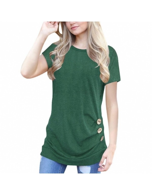 Round Neck Short Sleeve Casual Draped Side Buttons T-Shirts Blouse Tops