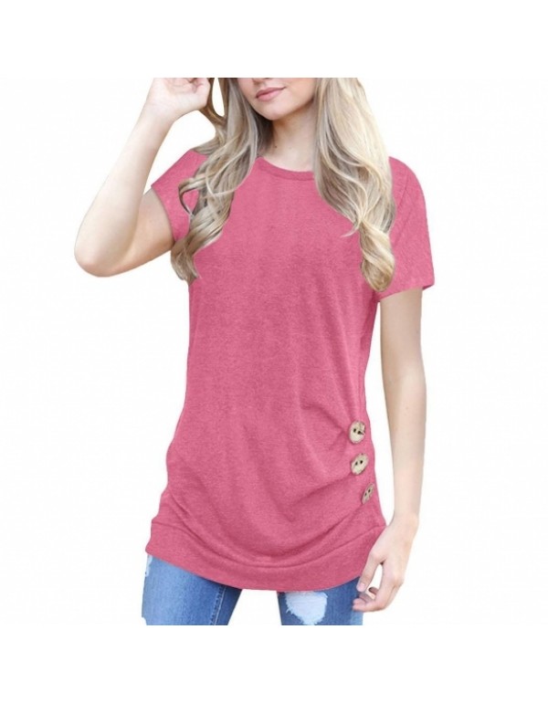 Round Neck Short Sleeve Casual Draped Side Buttons T-Shirts Blouse Tops