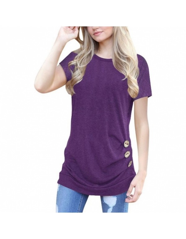 Round Neck Short Sleeve Casual Draped Side Buttons T-Shirts Blouse Tops