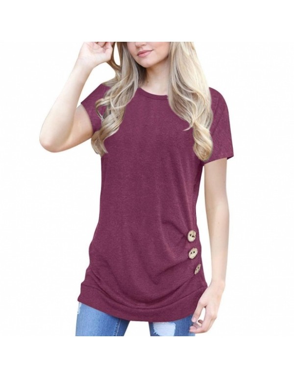 Round Neck Short Sleeve Casual Draped Side Buttons T-Shirts Blouse Tops